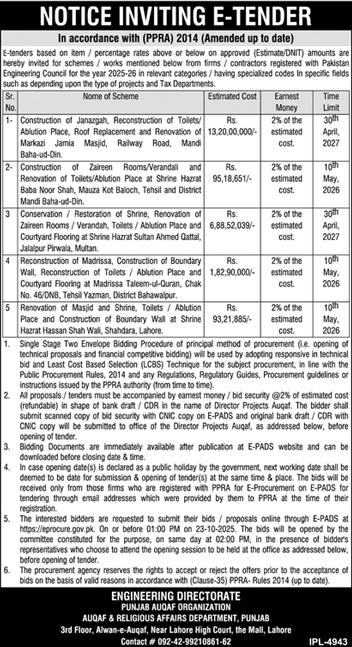 Punjab Auqaf Organization Lahore Tender Notice